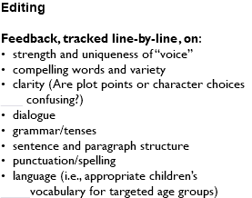 Editing Feedback, tracked line-by-line, on: • strength and uniqueness of “voice” • compelling words and variety • clarity (Are plot points or character choices ___ confusing?) • dialogue • grammar/tenses • sentence and paragraph structure • punctuation/spelling • language (i.e., appropriate children’s ____vocabulary for targeted age groups)